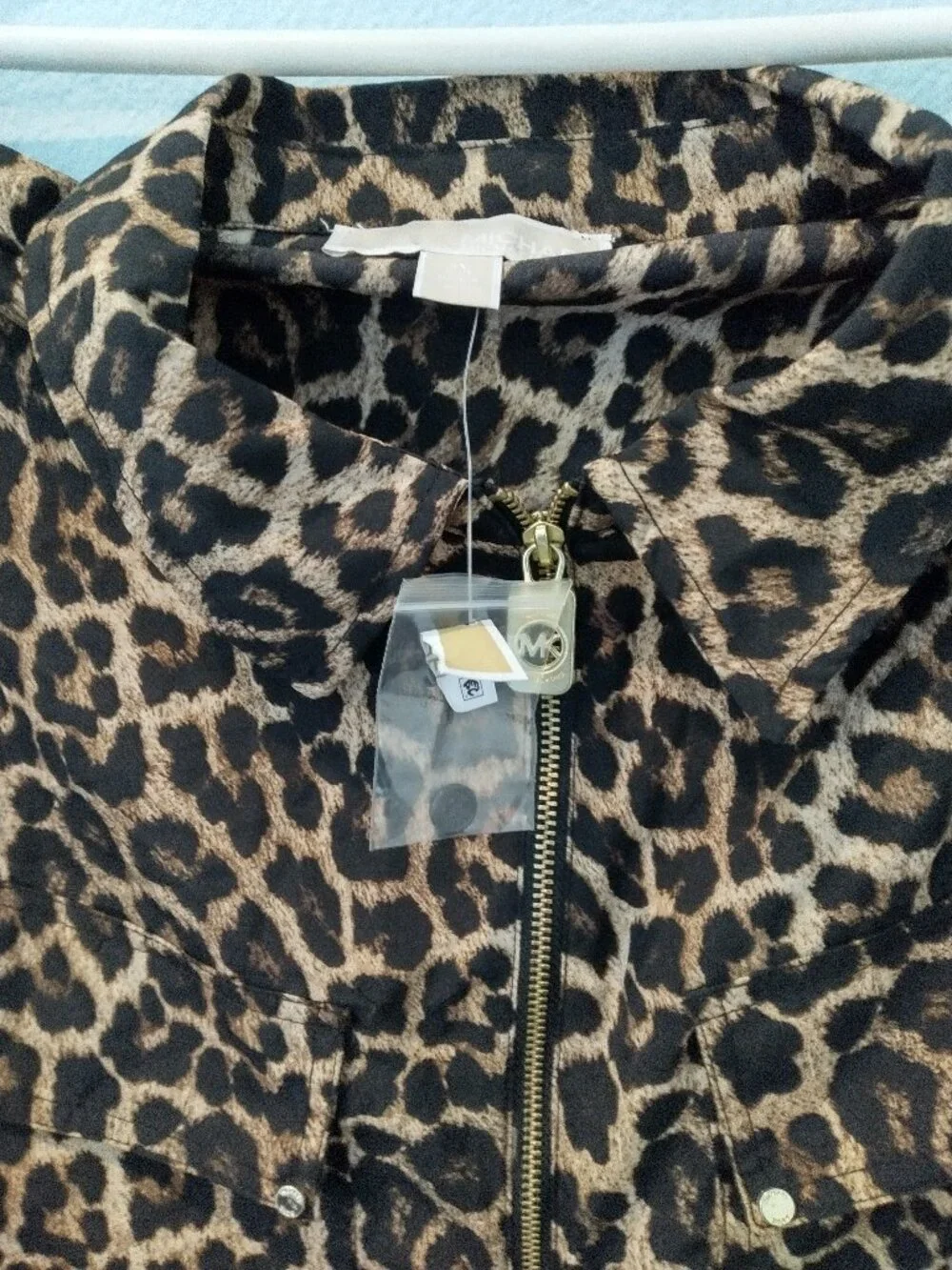 Michael Kors Full Zip Shirt Black/Brown Leopard Roll Tab Sleeves 2X